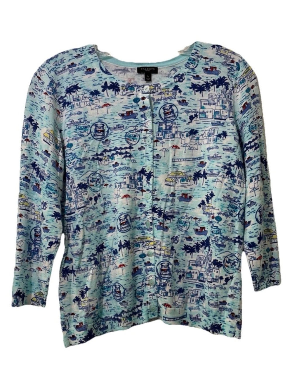 Talbots Lightweight Aqua & Navy Tropical Print Cardigan Button Up